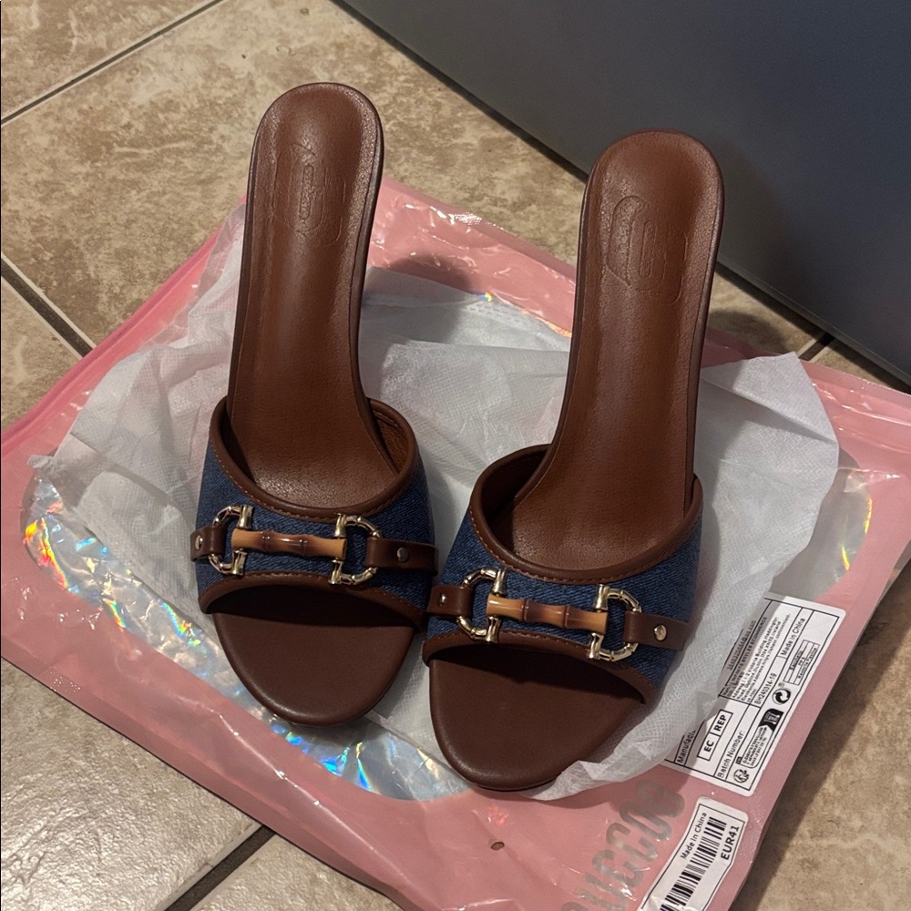 SHEIN Brown and Blue Heeled Mules